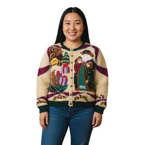 VTG Cardigan Bay Christmas Sweater‎ 1X Cardigan Hand-Knitted